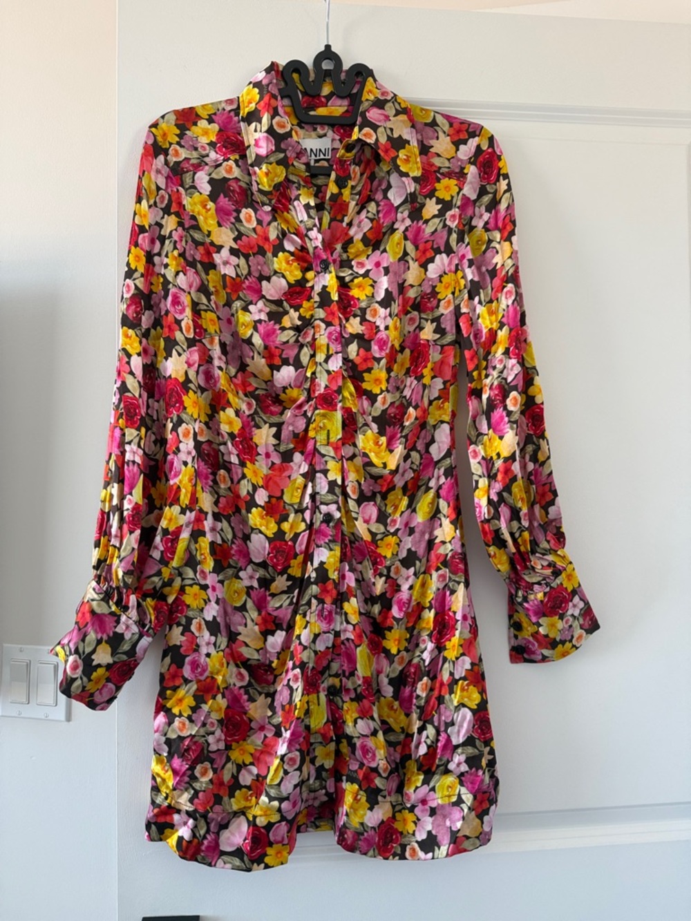Ganni Black Floral Silk Shirt Dress with Pink & Yellow Blooms